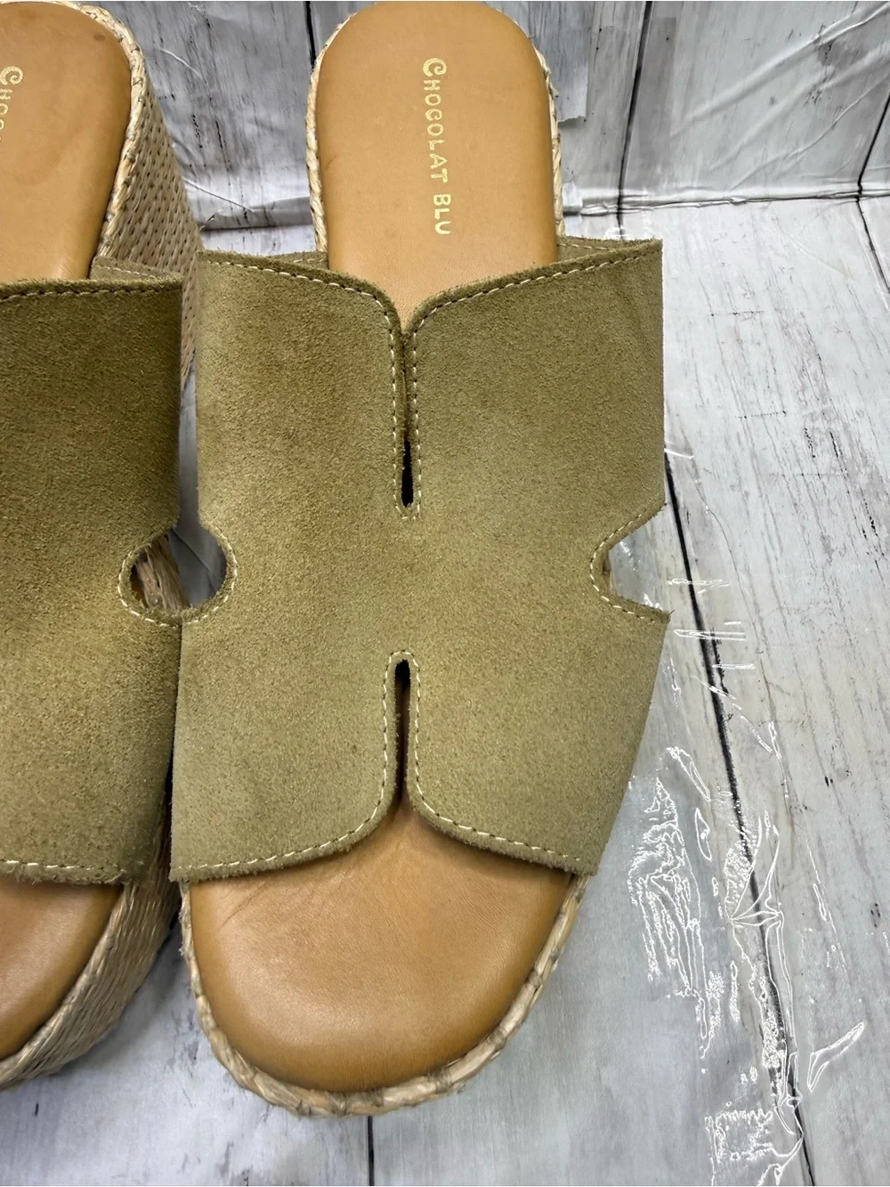 Chocolat Blu Jamie platform wedge sandals taupe suede
